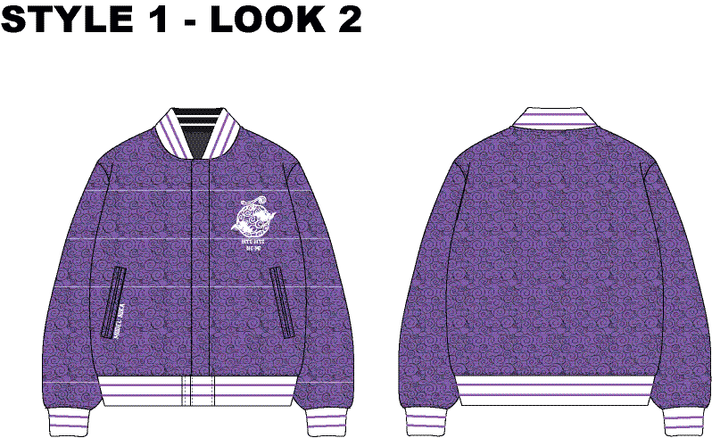 Front and back views of a purple patterned bomber jacket, with white chest artwork on the front.
