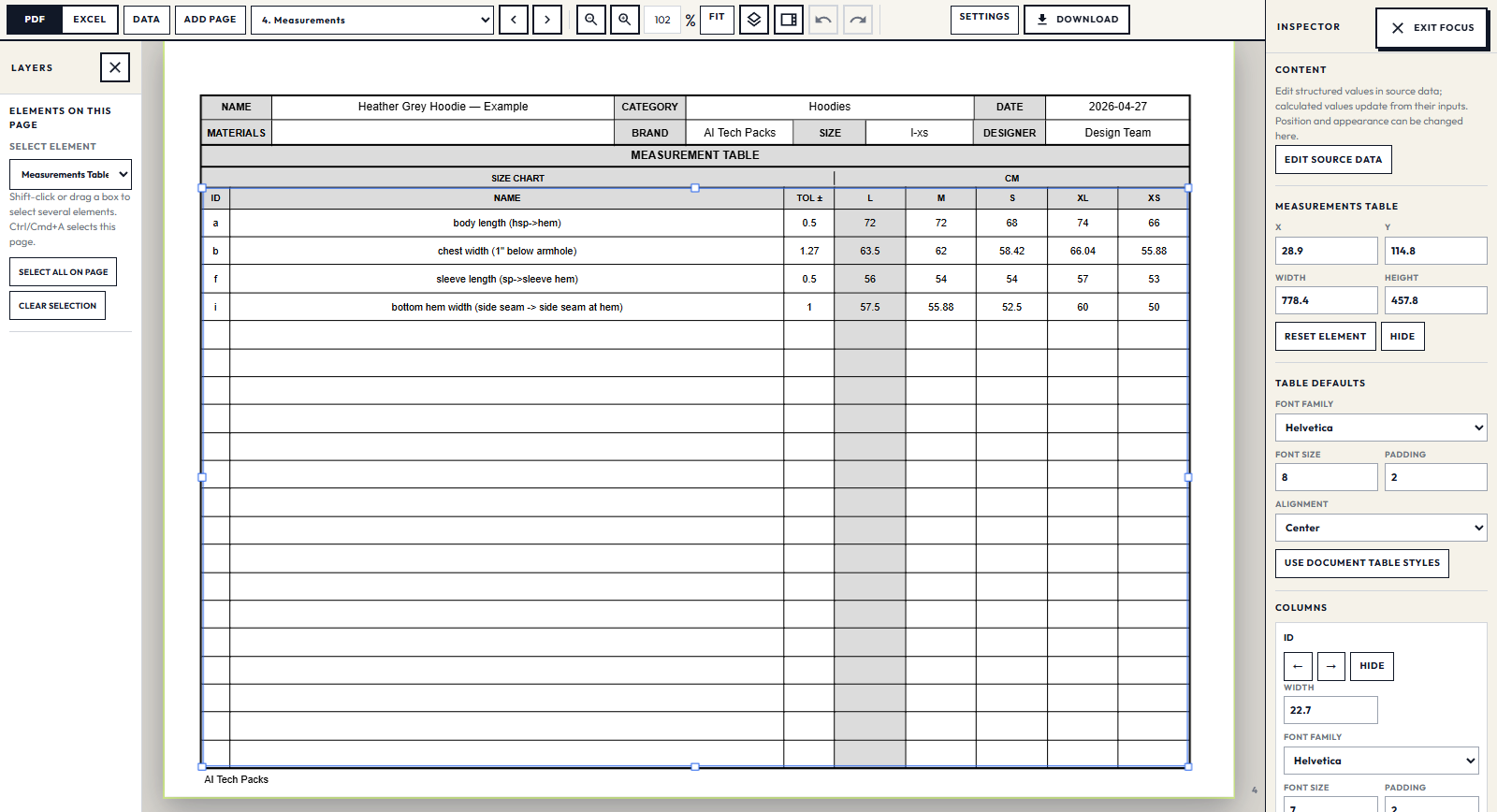New AI Tech Packs document editor preview with a selected measurement table and controls for its position, typography and columns