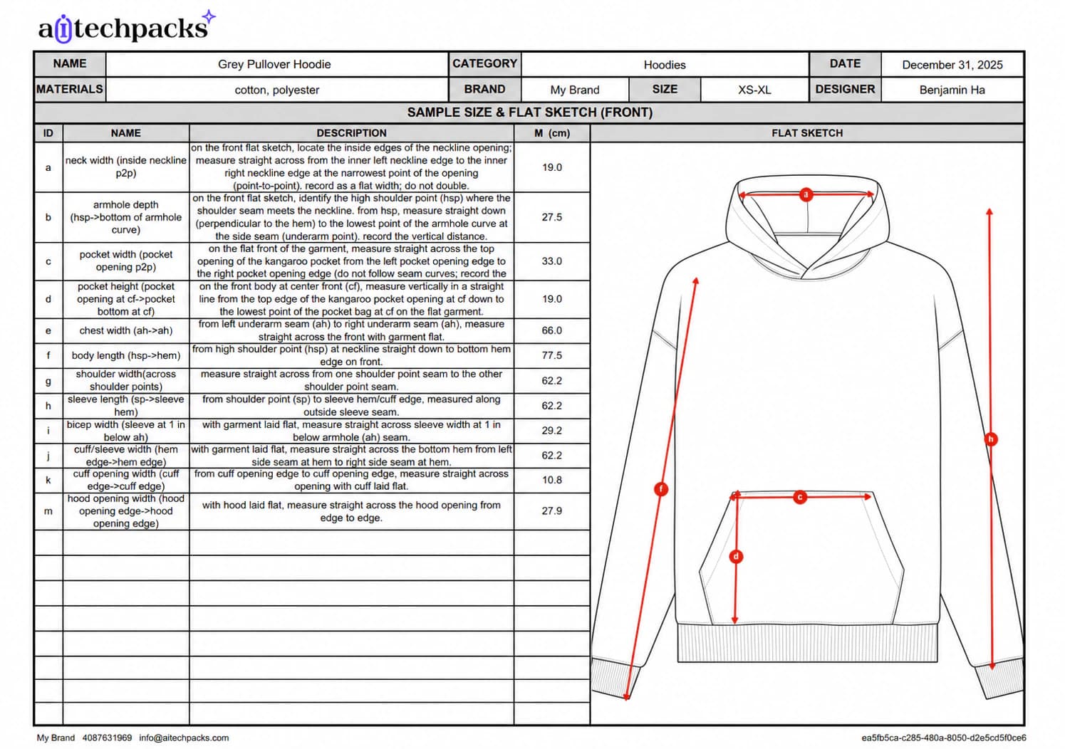 Editable hoodie tech pack with measurements and a flat sketch