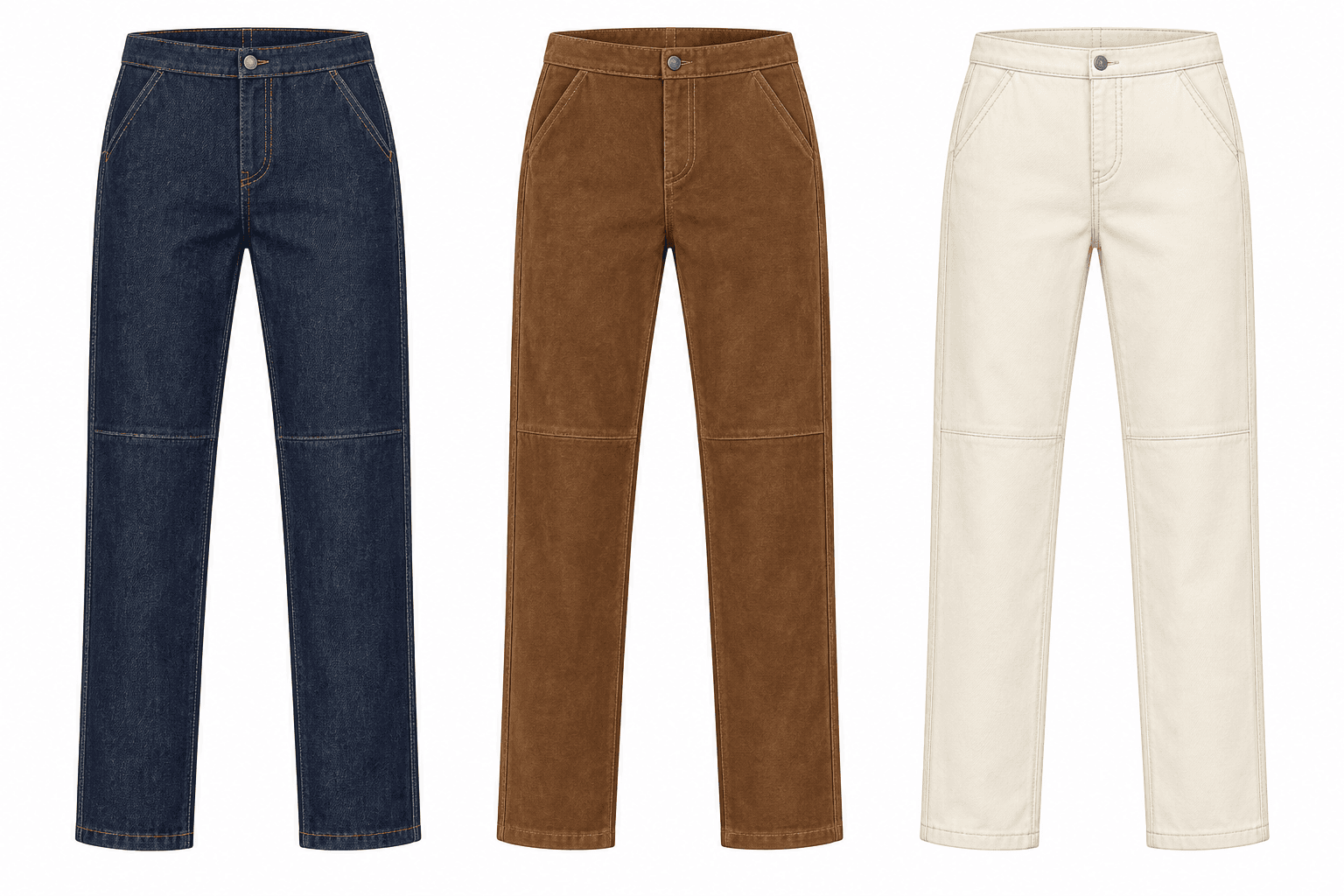 The same panel trousers rendered in indigo denim, tobacco suede, and ivory cotton twill