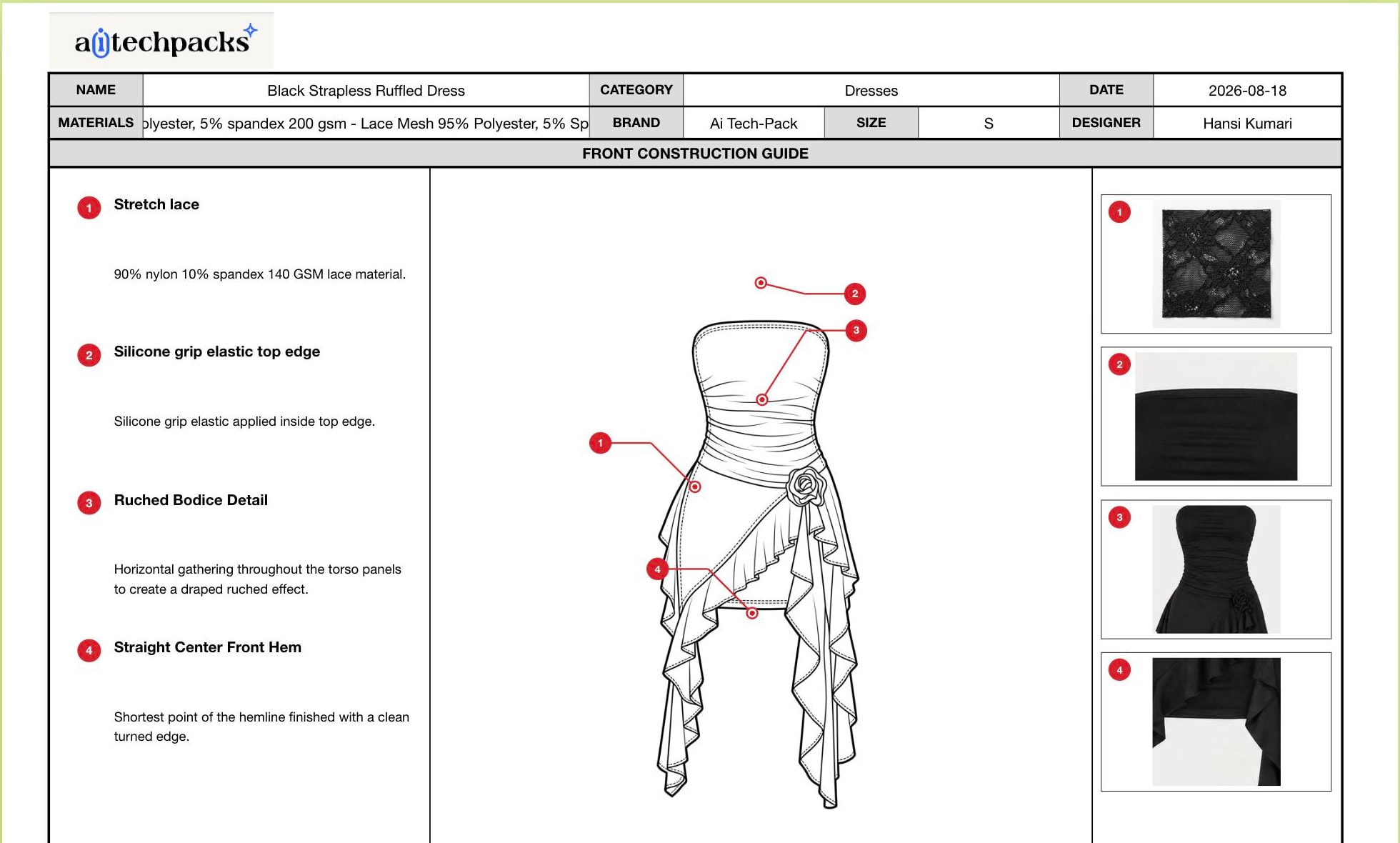 Construction callouts and material reference images for the same black strapless ruffled dress.