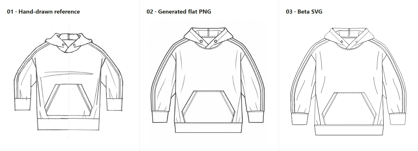 Hand-drawn hoodie, generated flat-sketch PNG and beta SVG shown as three separate stages