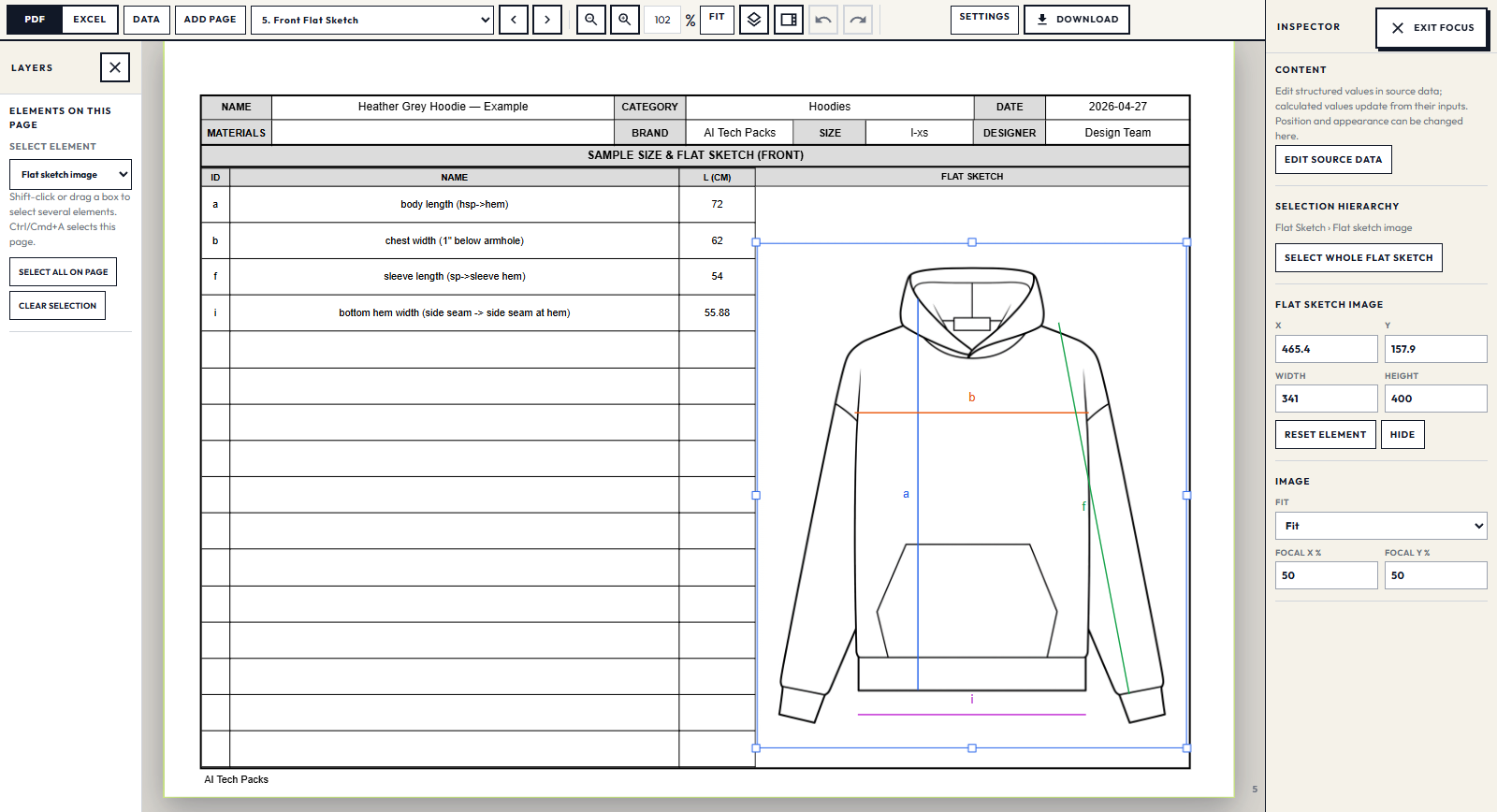 AI Tech Packs editor with an editable hoodie flat sketch, measurement callouts, layers, and layout controls.
