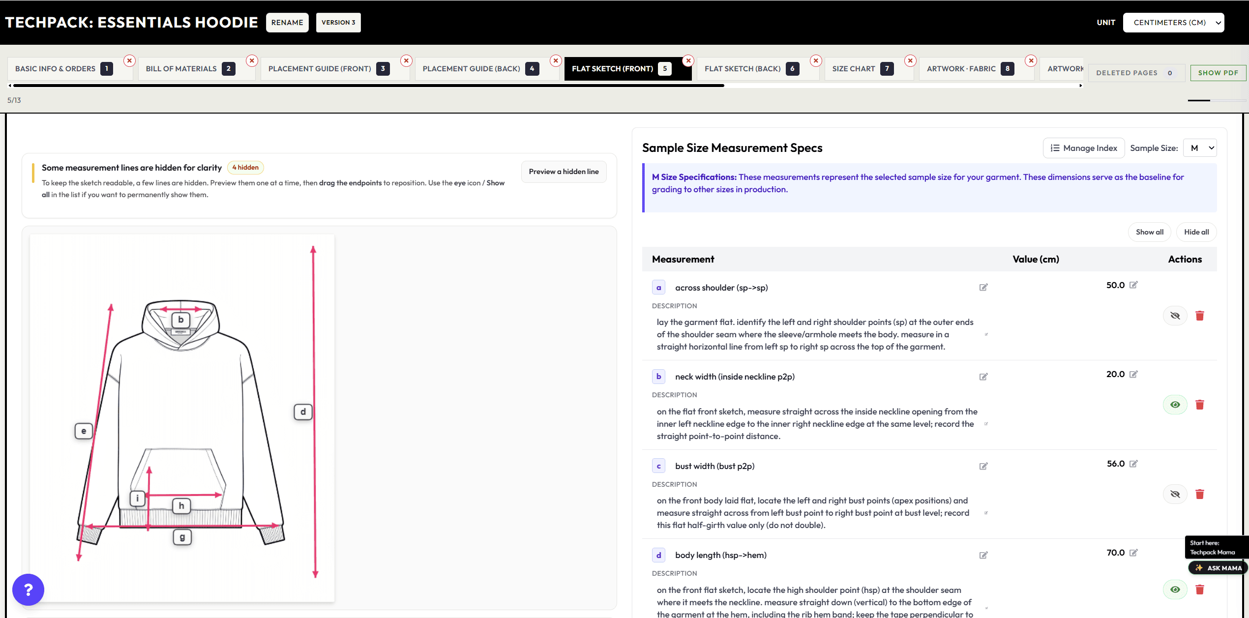 AI Tech Packs editor showing a hoodie flat beside editable measurement specifications