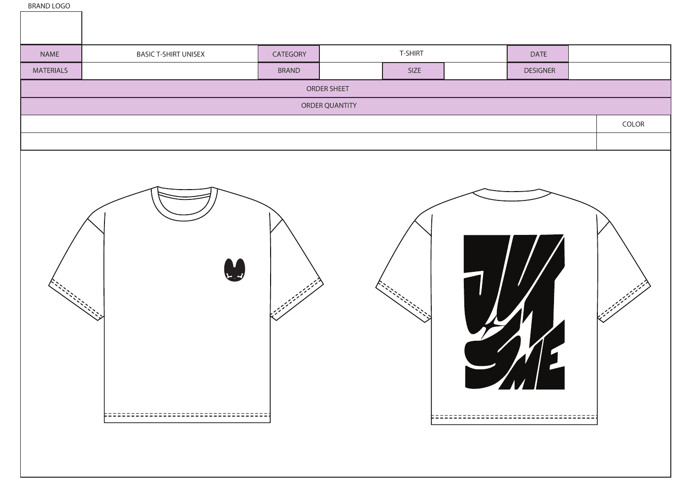 First page of the Basic Tee tech pack starter template showing front and back T-shirt flats